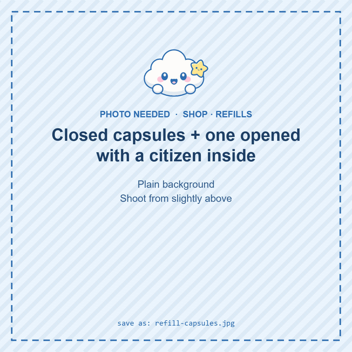 Closed gachapon capsules and one opened with a citizen inside